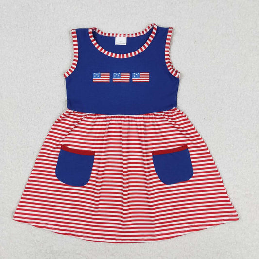GSD0930 Embroidered flag red and white striped navy blue pocket sleeveless dress