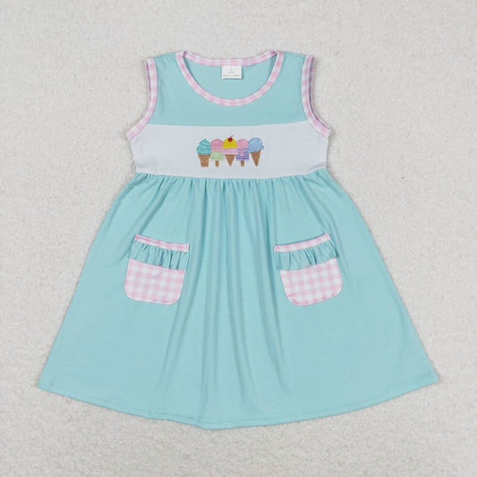 GSD0956 Embroidered ice cream plaid pocket teal sleeveless dress