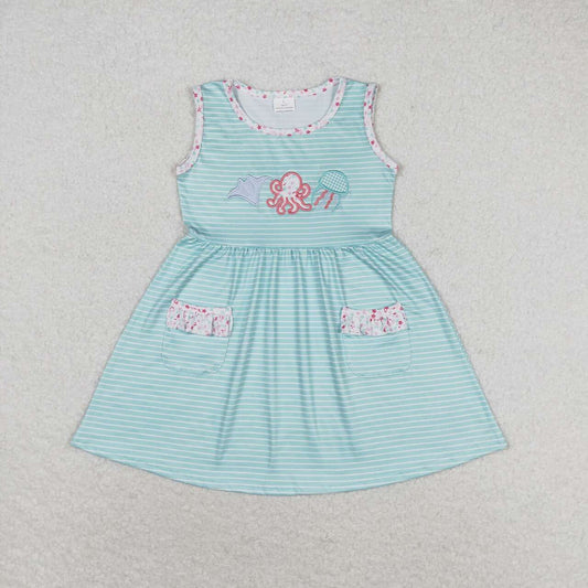 GSD0963 Embroidered octopus and jellyfish striped teal sleeveless dress