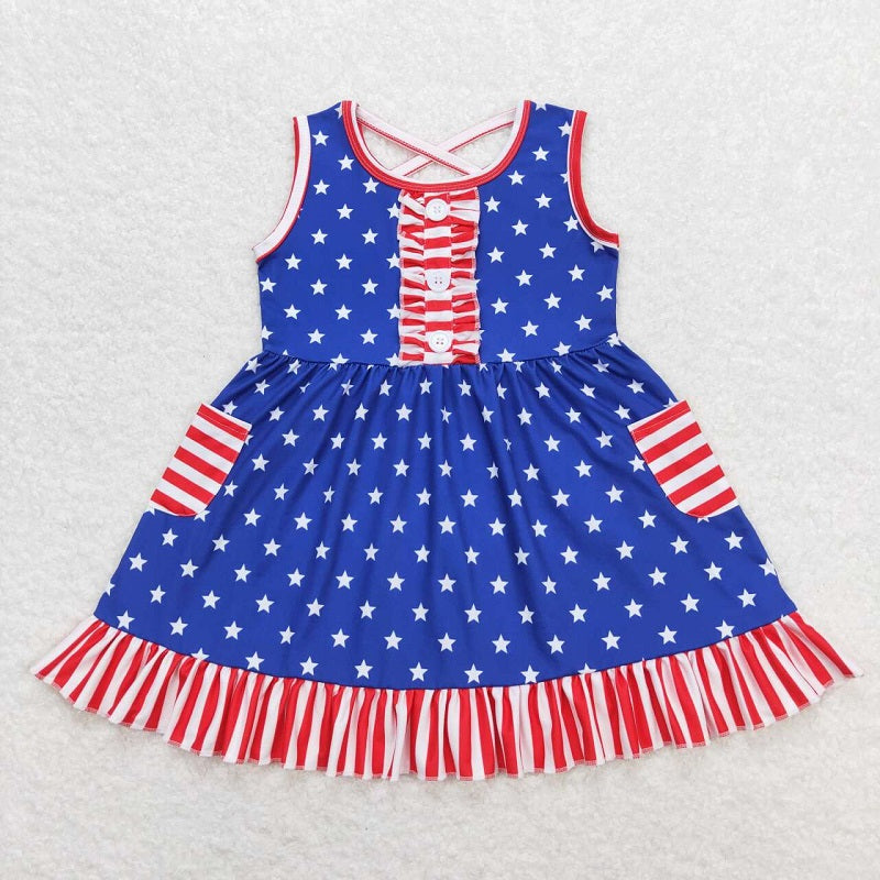 GSD0976 Star red and white striped pocket lace blue sleeveless dress