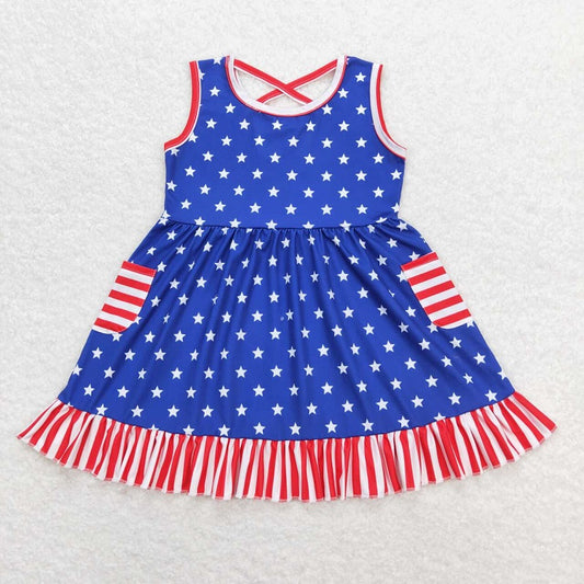 GSD0976 Star red and white striped pocket lace blue sleeveless dress