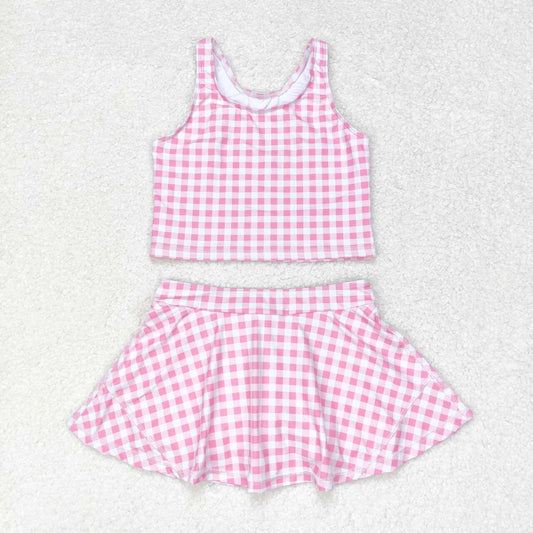 GSD0992 Pink and White Plaid Sleeveless Pants and Skirt Set