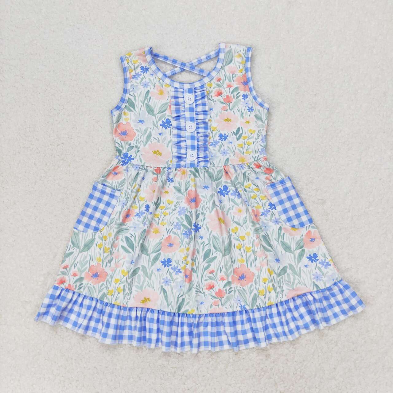GSD1009 Floral floral blue and white plaid pocket lace sleeveless dress