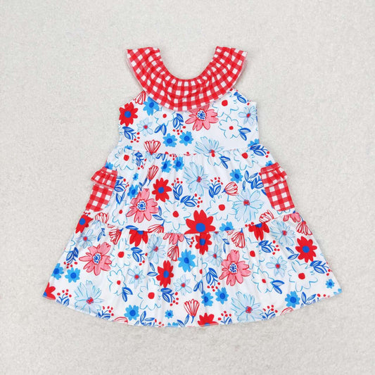 GSD1013 Blue and Red Floral Plaid Pocket Lace Sleeveless Dress