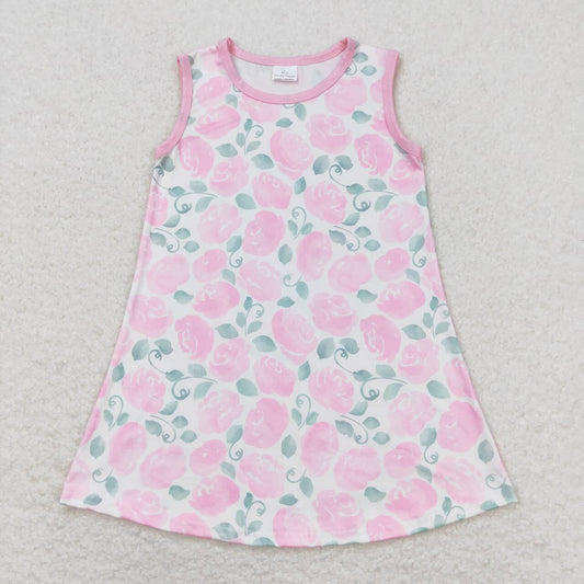GSD1045 Flowers and leaves pink sleeveless dress