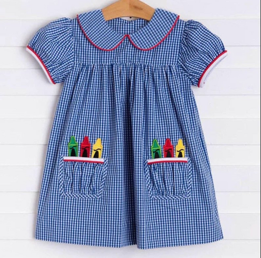 preorder GSD1057 Crayon Blue Plaid Doll Collar Short Sleeve Dress