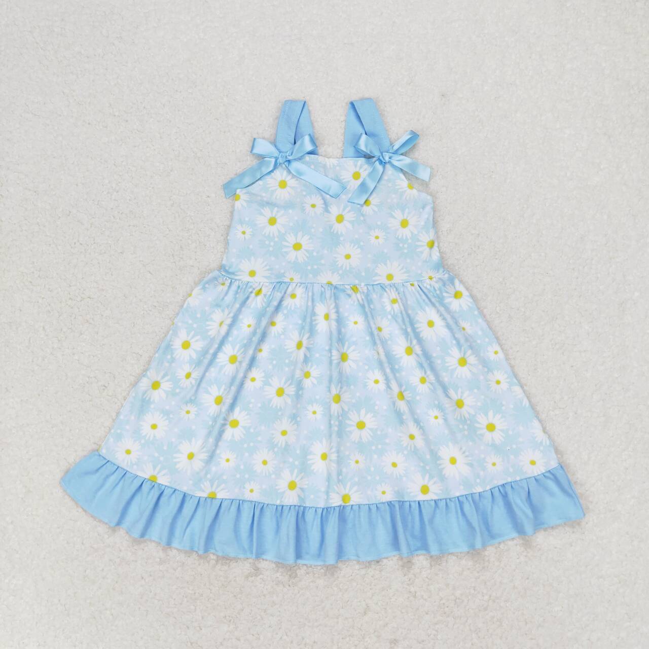 GSD1066 Small daisy flower blue lace bow sleeveless dress