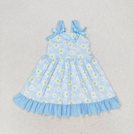 GSD1066 Small daisy flower blue lace bow sleeveless dress