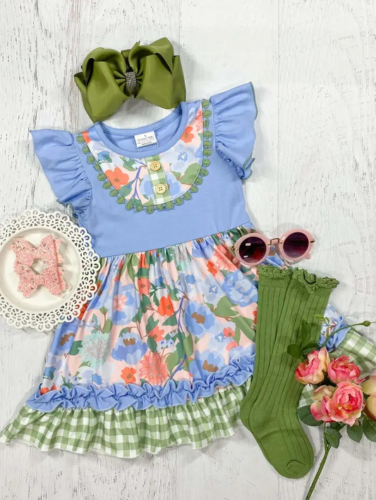 preorder GSD1072 Floral green plaid lace blue flying sleeve dress