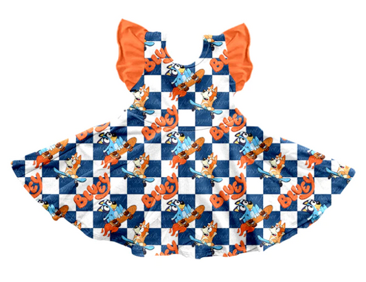 preorder GSD1095 Blue and white plaid orange flying sleeve dress