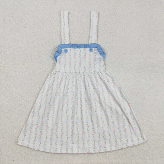 GSD1099 Flowers and leaves blue lace white sleeveless dress