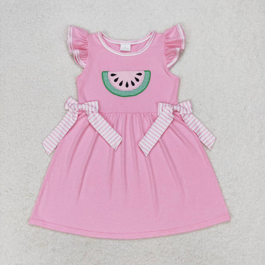 GSD1104 Embroidered watermelon striped bow pink short-sleeved dress