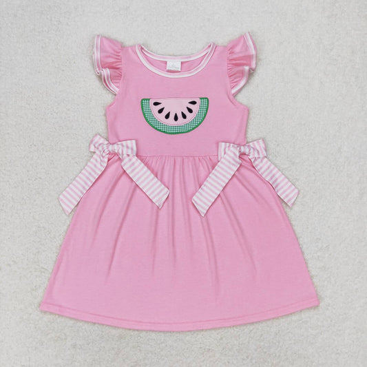 GSD1104 Embroidered watermelon striped bow pink short-sleeved dress