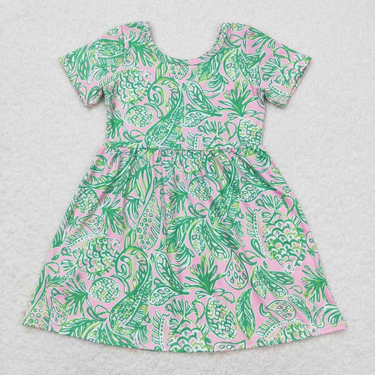 GSD1113 Seagrass pattern pink and green short-sleeved dress