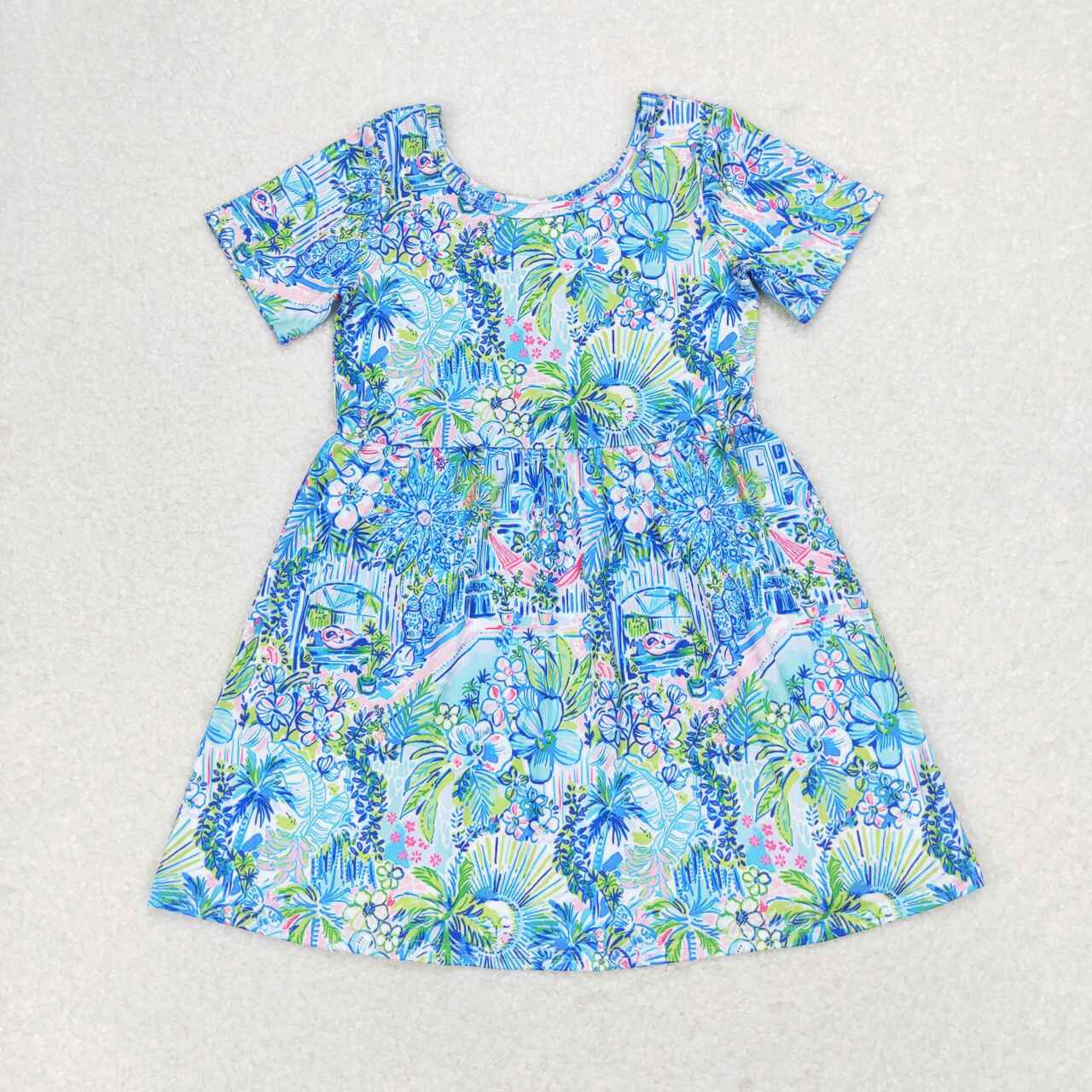 GSD1114 Floral blue short-sleeved dress
