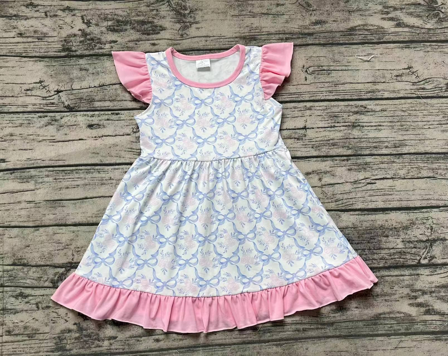 GSD1152 Flower bow pink lace flying sleeve dress D 7.11