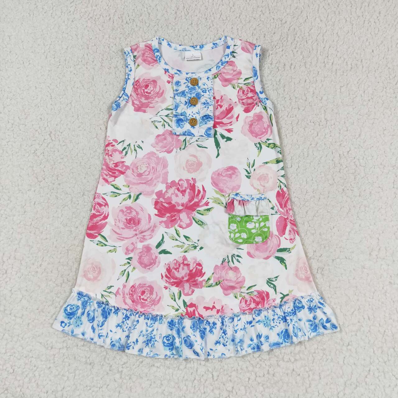 GSD1154 Floral blue floral lace pocket sleeveless dress