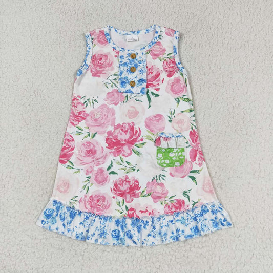 GSD1154 Floral blue floral lace pocket sleeveless dress