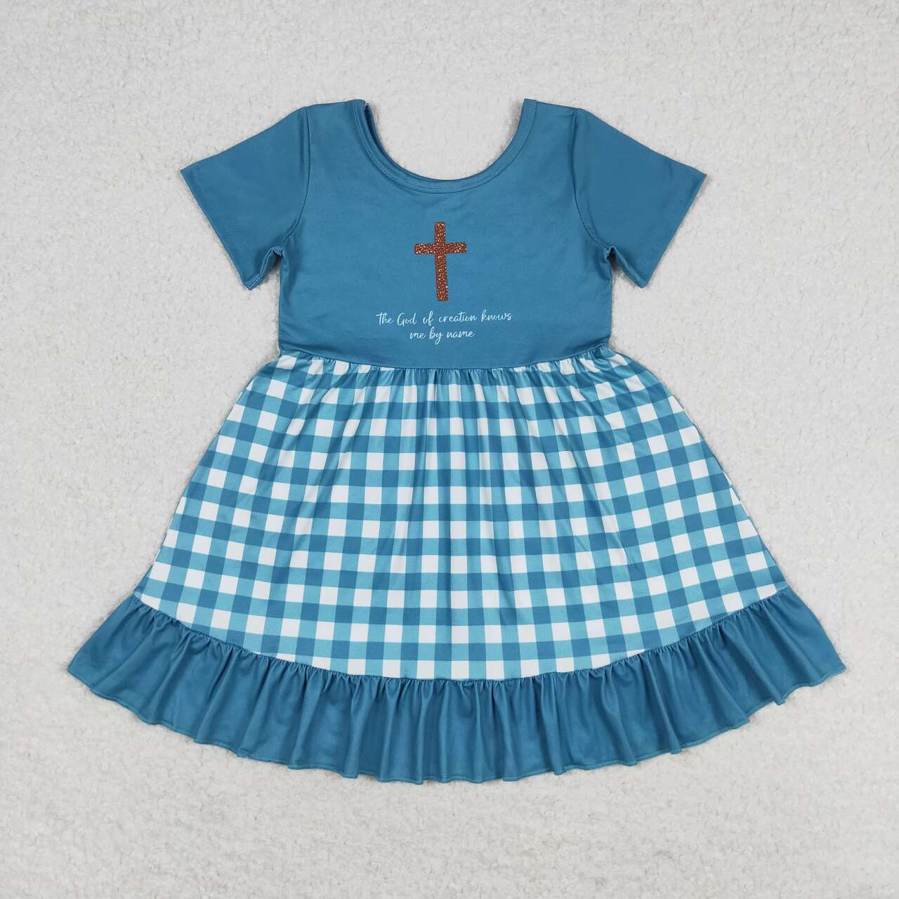 GSD1157 Cross letter plaid teal lace short-sleeved dress