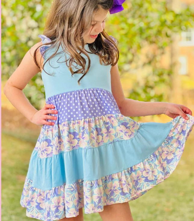 GSD1164 Flower polka dot blue flying sleeve dress