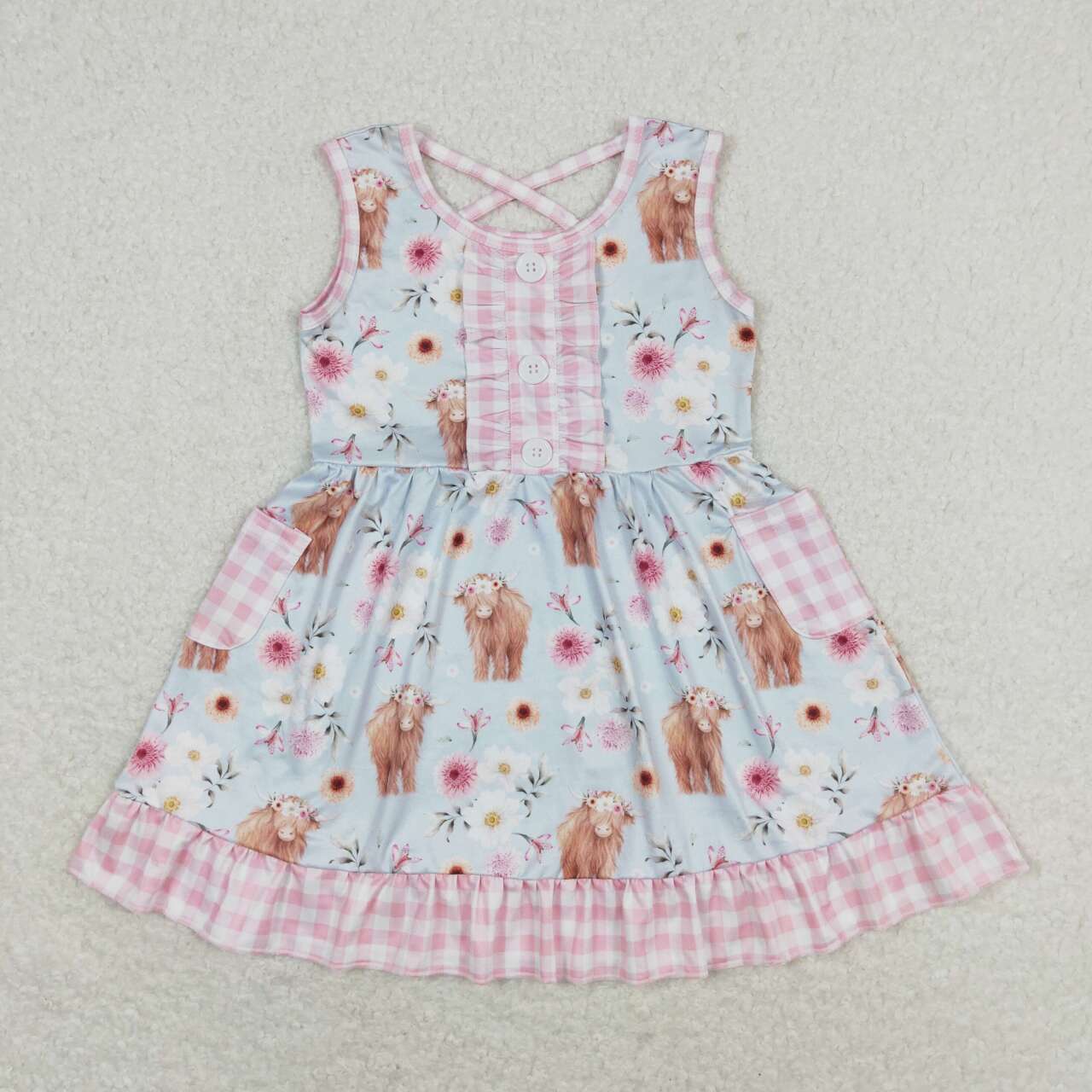 GSD1173 Alpine cow head flower pink and white plaid pocket light blue sleeveless dress