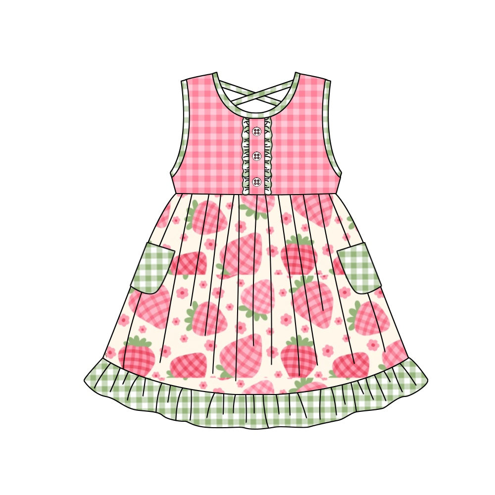 presale GSD1183 Floral strawberry green plaid lace sleeveless dress