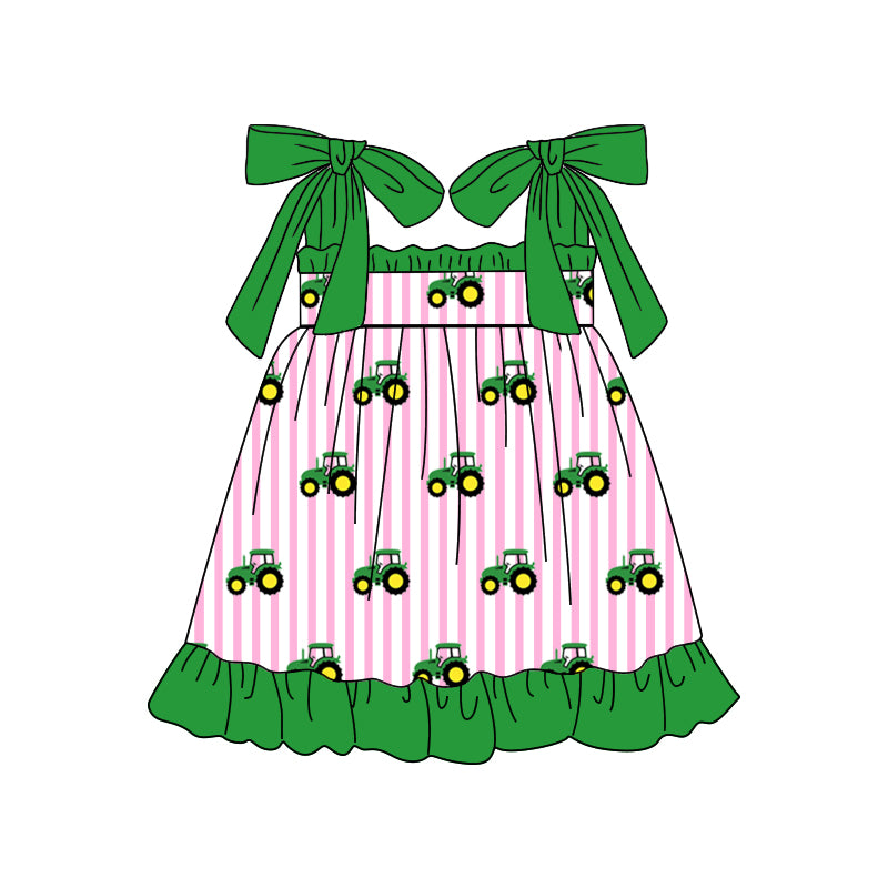 presale GSD1213 Farm tractor pink striped green lace suspender dress