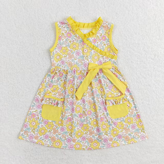 GSD1216 Floral floral yellow lace pocket bow sleeveless dress