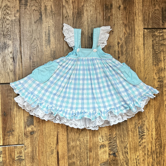 presale GSD1225 Blue plaid pocket lace flying sleeve dress