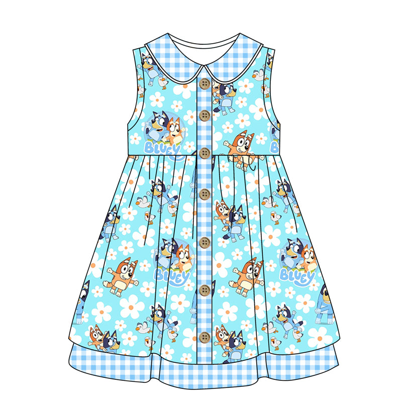 presale GSD1229 Floral blue plaid doll collar sleeveless dress