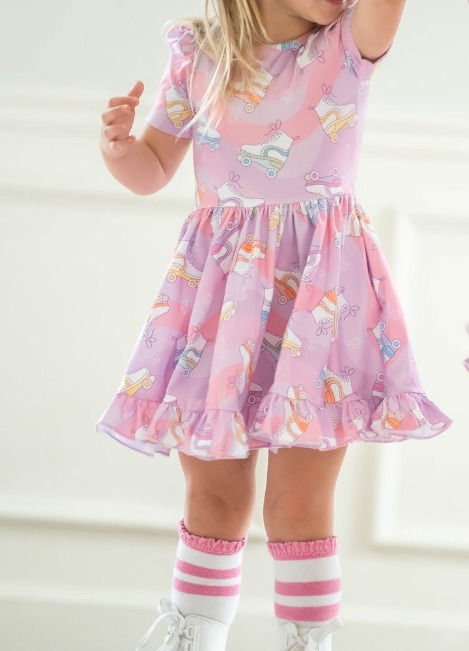 presale GSD1249 Roller skates pink purple short sleeve dress