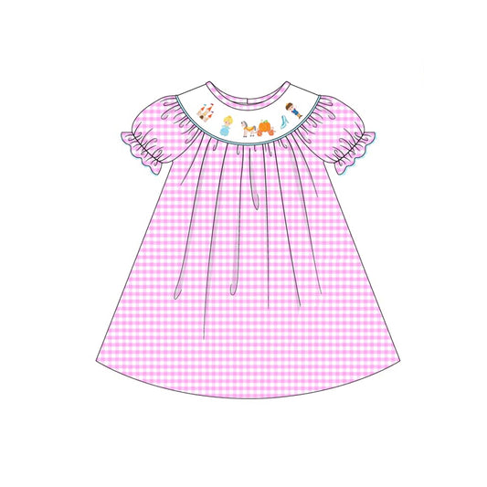 presale GSD1251 Castle Prince and Princess Pumpkin Car Pink and White Plaid Short Sleeve Dress