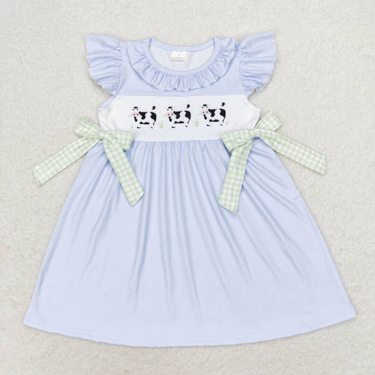 GSD1252 Cow Plaid Bowknot Blue Fly Sleeve Dress