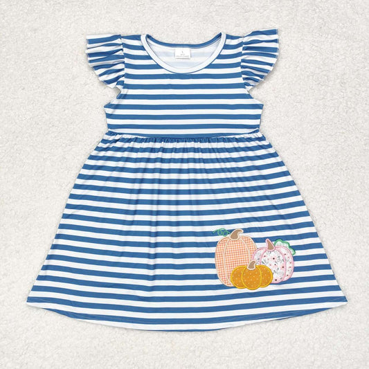 GSD1254 Flower pumpkin blue striped flying sleeve dress