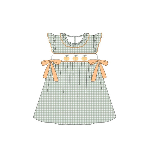 presale GSD1256 Pumpkin orange bow green plaid flying sleeve dress