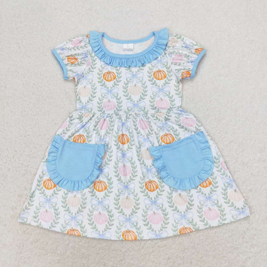 GSD1269 Pumpkin Leaf Blue Lace Pocket Short Sleeve Dress