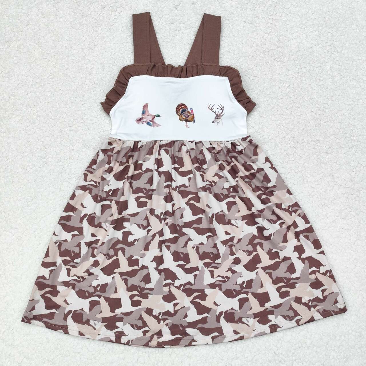 GSD1272 Duck Turkey Deer Brown Lace Bow Sleeveless Dress