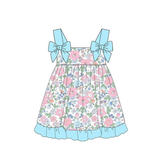 presale GSD1277 Pink flowers and leaves blue lace bow sleeveless dress