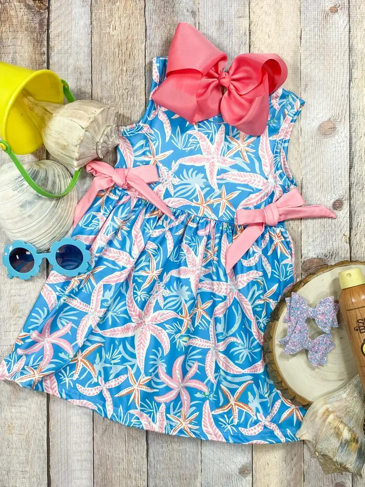 presale GSD1279 Starfish and seaweed blue sleeveless dress