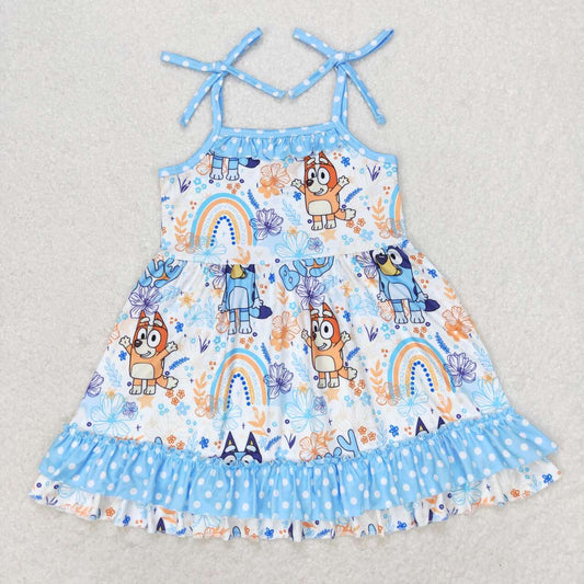GSD1284 Rainbow floral polka dot blue lace slip dress