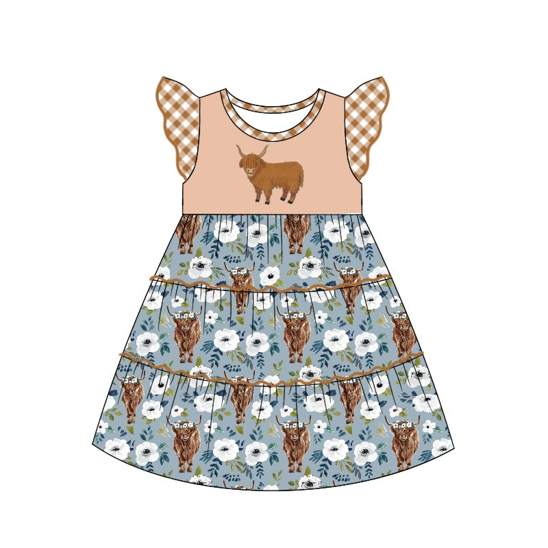 presale GSD1287 Alpine cow head blue brown plaid flying sleeve dress