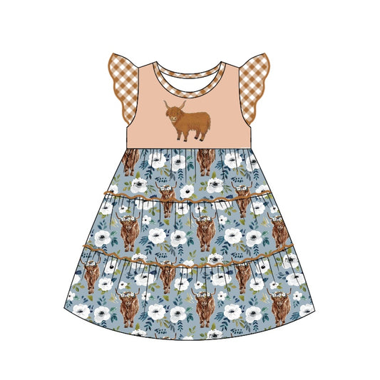 presale GSD1287 Alpine cow head blue brown plaid flying sleeve dress