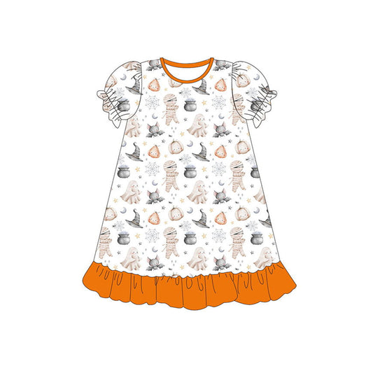 presale GSD1293 Mummy Bat Ghost Pumpkin Orange White Lace Short Sleeve Dress