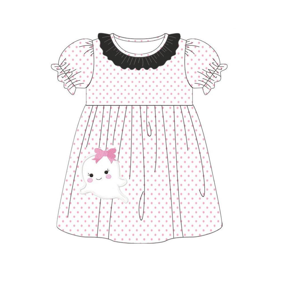 presale GSD1294 Bow ghost polka dot black lace white short sleeve dress