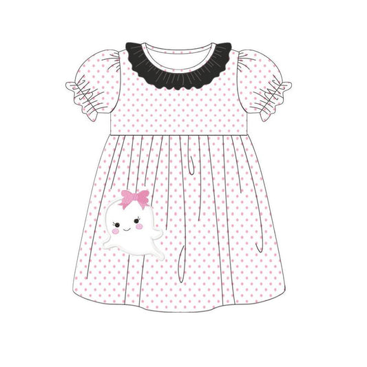presale GSD1294 Bow ghost polka dot black lace white short sleeve dress