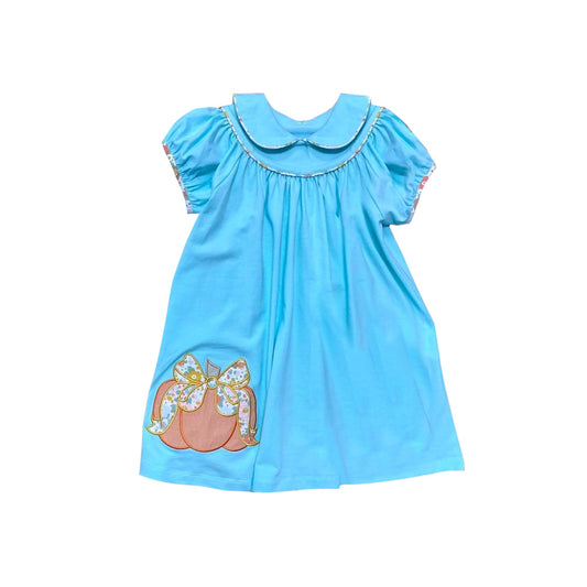 presale GSD1298 Blue short-sleeved dress with bow pumpkin doll collar