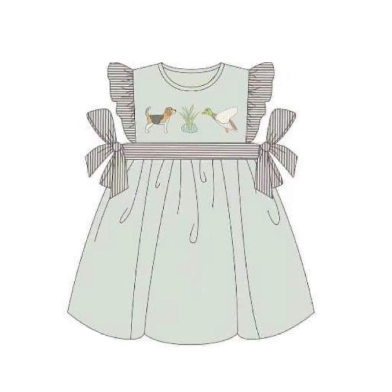 presale GSD1301 Puppy duck striped bow teal flying sleeve dress