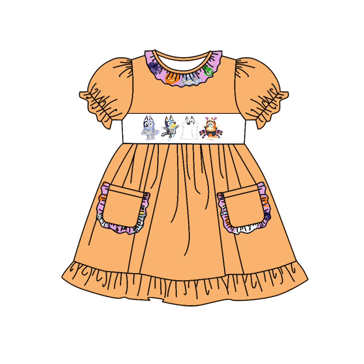presale GSD1302 Halloween Spider Pumpkin Lantern Lace Pocket Orange Short Sleeve Dress