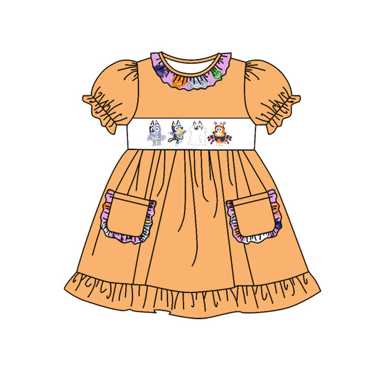 presale GSD1302 Halloween Spider Pumpkin Lantern Lace Pocket Orange Short Sleeve Dress