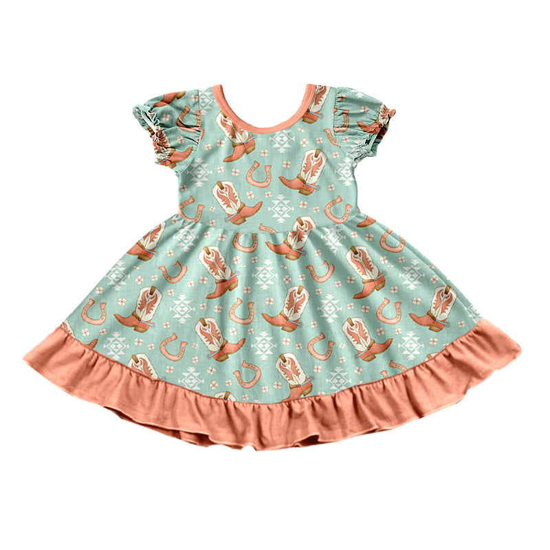 presale GSD1305 Geometric boots orange lace green short sleeve dress